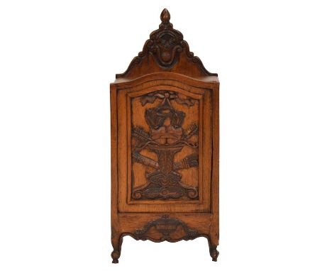 French stained walnut candle box, carved panel front, scrolled legs, width 28cm, depth 19cm, height 62cm.