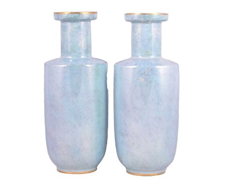 Pair of Wiltshaw &amp; Robinson Carlton Ware vases, rouleau shape with mottled lustre glaze, printed marks, 32cm.Condition re