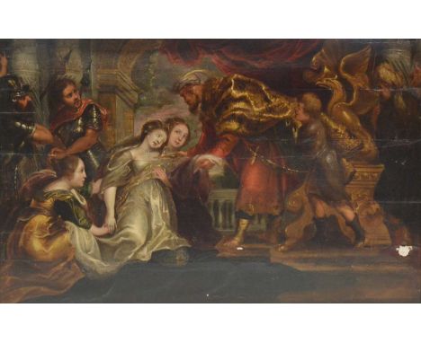 Venetian School,The Martyrdom of St Justina of Padua,oil on gesso grosso panel, later stretchers,74x124cm.