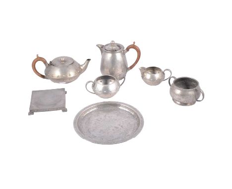 Arts &amp; Crafts beaten pewter tray, 23cm, pewter teaset, etc.Qty: 7Condition report:Scratches and discolouration to teapot 
