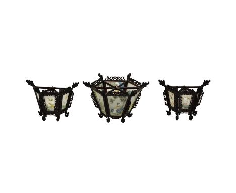 Set of three Chinese hardwood and glass panel light shades, including one hanging hexagonal shade, width 57cm, height 32cm, a