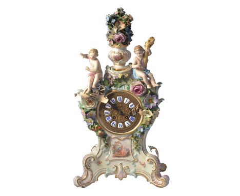 Meissen porcelain mantel clock, the case with floral finial, mounted with two figures, encrusted floral and painted decoratio