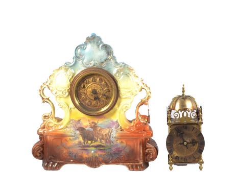 Victorian walnut mantel clock, cylinder movement striking on a bell, 24cm, Victorian pottery clock, balloon clock, and others