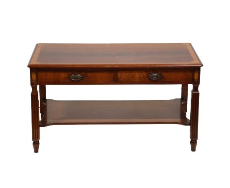 Modern mahogany coffee table, rectangular top with crossbanding and stringing, friezwe drawers, square fluted legs joined by 