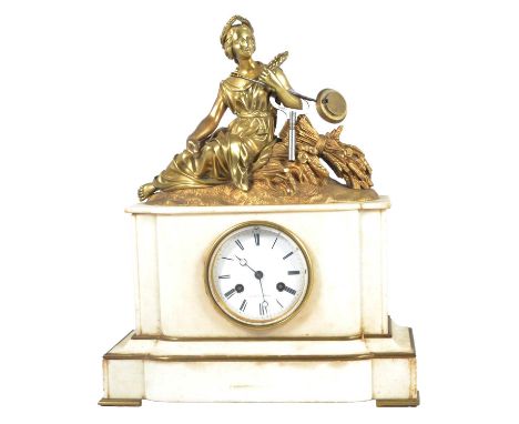 French marble and gilt metal mantel clock, figural mount, circular enamelled dial signed Bozzo a Angers, cylinder movement st