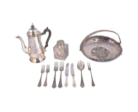 A collection of silver-pated ware and assorted cutlery, Queen Anne style coffee pot; egg cruet; two pierced baskets; small be