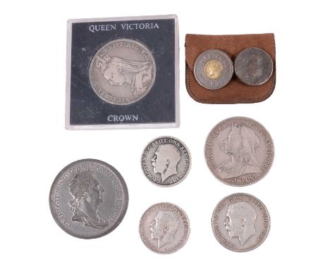 Four Roman / Ancient Greek coins; a small collection of pre-1920 silver content coins, to include crowns, half-crowns, florin