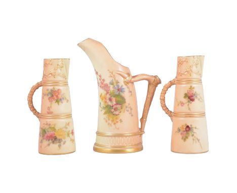 A pair of Royal Worcester blush jugs, 1910, painted with sprays of spring flowers, shape no. 1047, 13cm and a tusk vase, 1909