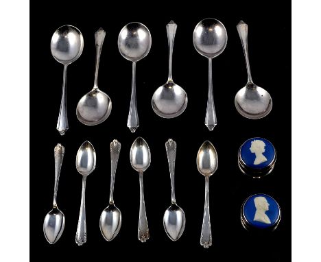A set of six silver fruit spoons, Hugh Dunsheath &amp; Co, Sheffield, 1941; a set of six silver coffee spoons; and a pair of 