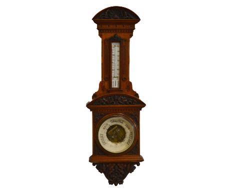 Victorian carved oak cased wall barometer and thermometer, 100cm.