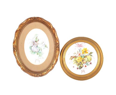 Michael Crawley, Flowers and fruit with a ribbon tie, a circular pottery panel, framed, diameter 20cm overall; and six oval w