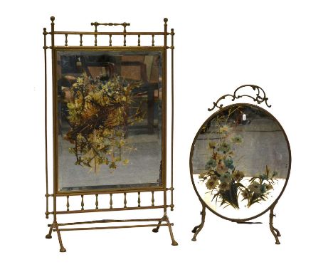 Victorian brass framed fire screen, painted rectangular mirror panel, height 95cm, width 59cm, and another similar smaller fi
