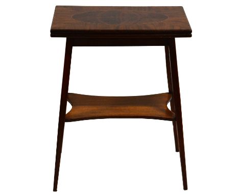 Mahogany card table, foldover top with baize lining, four tapering splayed legs joined by a shelf, 56x38cm, height 70cm.