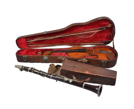 Boosey &amp; Hawkes rosewood clarinet, leather case, 37cm, and a violon, 35.7cm back, carved IA/MD, with two bows, cased.Qty: