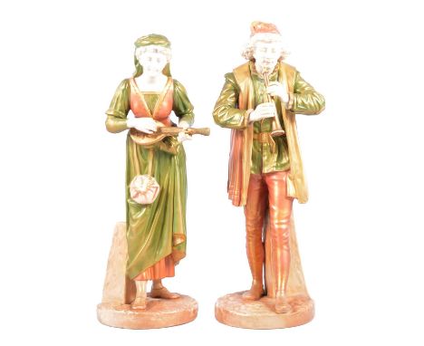 Pair of Royal Worcester figures, Medieval Musicians, after James Hadley, 32cm and 30cm, one restored.Qty: 2Condition report:W