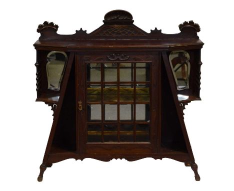 Mahogany parlour cabinet base, 19th century, adapted carved back rail, with glazed panel door to the tapering base, flanked b