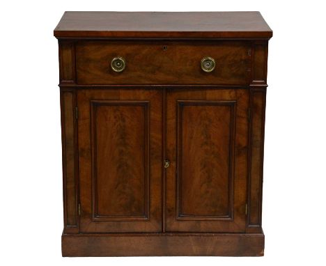 A chiffonier, one drawer above a cupboard drawer above a cupboard, plinth base, width 84cm, depth 46cm, height 95cm.
