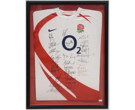England Rugby Union shirt, 2008, signed by twenty seven squad members including Phil Vickery, Jonny Wilkinson, Steve Borthwic