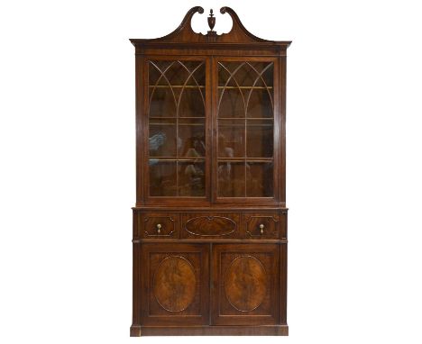 George III mahogany bookcase secretaire, scrolled pediment piece, two astragal glazed doors, with lancet-shaped glazing bars,