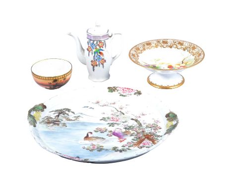 Nippon porcelain comport, decorated with grapes, diameter 22cm; a Japanese porcelain cabaret tray; Japanese basin and a coffe