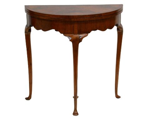 Small walnut demilune foldover card table, Georgian style, baize lined cabriole legs, width 76cm, depth 38cm, height 77cm.