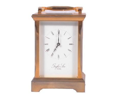 French brass cased carriage clock, dial signed by the retailer, Inglis &amp; Son, York, platform escapement, timepiece moveme