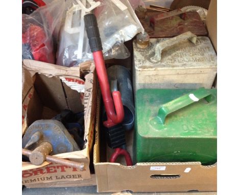 BOX OF PETROL CANS, TOOLS ETC. RFO