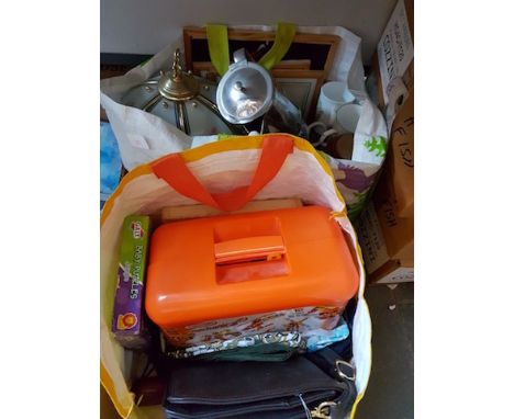 TWO BAGS OF MISC.: TABLE LAMP, MECHANICAL MECCANO, UMBRELLAS ETC