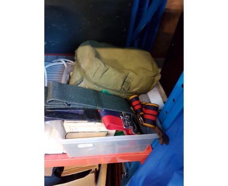 GAS MASK, ARMY BELTS, TEA CARDS ETC