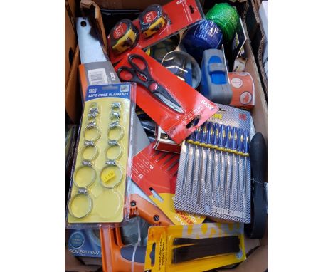 BOX OF NEW BOXED TOOLS, TAPE MEASURES, NEEDLE FILES, HAND SAWS ETC