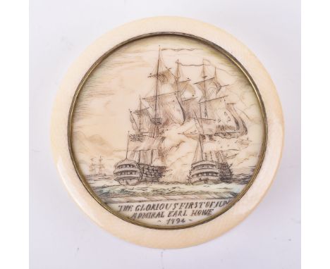 ^ Turned ivory pill box, 19th century, of circular form 2.25”, lid finely engraved with 2 warships engaging above inscription