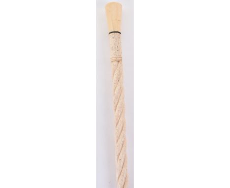 ^ Good whalebone walking stick, 19th century, 37.25”, swollen octagonal pommel inlaid with disc of abalone shell, baleen coll