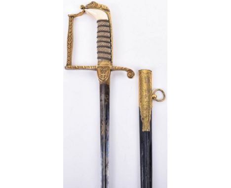 ^ Naval officer’s dress sword c.1812-1825, hollow ground triangular section blade 29” etched with small trophies and a standi