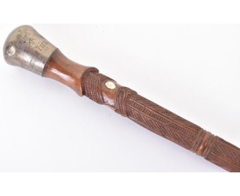 Maori carved wooden walking stick, late 19th century, 34.5” carved with bands of typical Maori dentil decoration including 2 