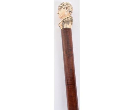 ^ Walking stick 36.5” c.1900, ivory handle carved as a human head with engraved with phrenological details overall, finely fi