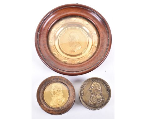 Items of Admiral Lord Nelson interest, fine circular gilt brass stamped tondo 3.75”, comprising a bust portrait of ‘ADMIRAL  