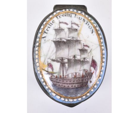 Oval enamel patch box, early 19th century, 2” hinged lid transfer printed and hand coloured with galleon and the legend ‘A Tr