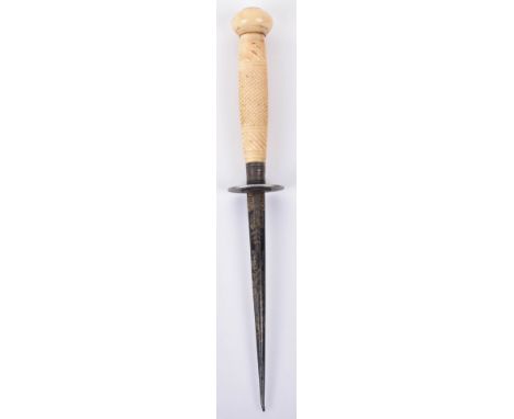 ^ Officer’s dirk c.1830, tapered blade of flattened diamond section etched with foliage and small trophy and retaining good t