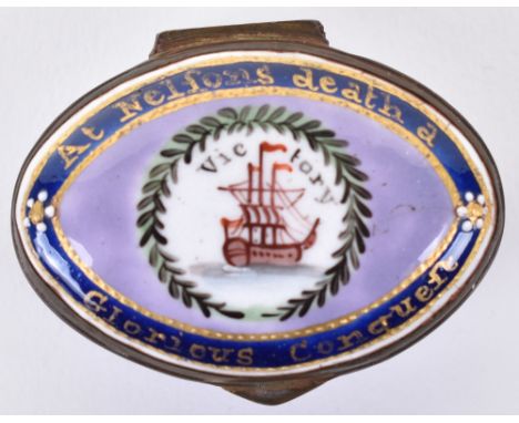 HMS Victory Lord Nelson oval enamel patch box, 19th century, 1.75” hinged lid painted with depiction of HMS Victory within  a