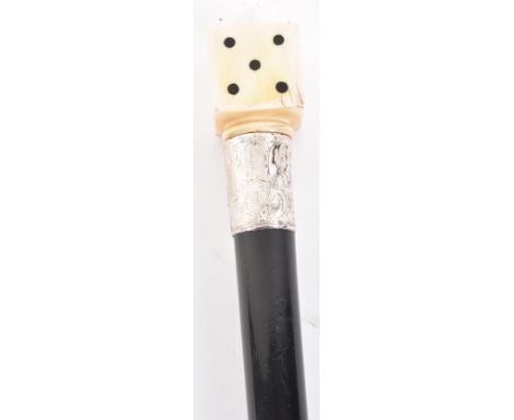 ^ Gambler’s walking stick 32”, ivory handle in the form of a dice with inlaid ebony dots, unscrews to reveal 5 additional bon