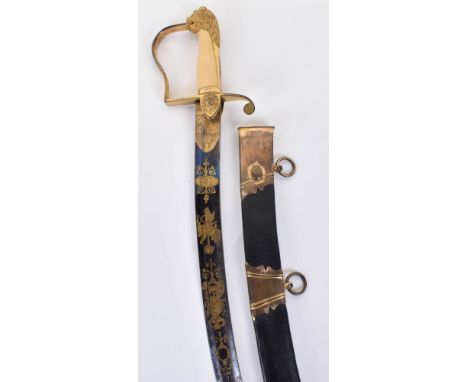 ^ Good 1796 pattern type cavalry officer’s sword c.1815-1816, regulation blade 30” blued and gilt, etched with crowned GR, Ro