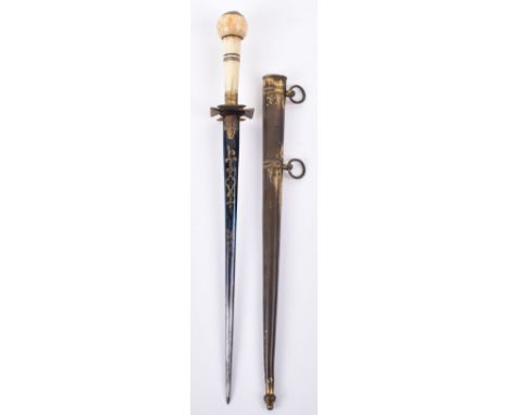 ^ Officer’s dirk c.1820, thick blade 8.5” of elliptical section,  blued and gilt and etched with foliage,  gilt brass mounts 