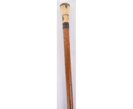 ^ Early 18th century walking stick 37.75”, turned ivory handle inlaid with silver pique work bands and star-shapes, silver fe