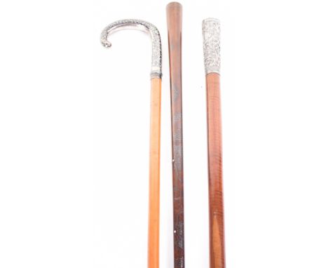 3x assorted walking sticks c.1900, the first with nielloed silver handle inscribed Caucuses in Cyrillic, horn tip; the second