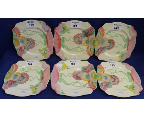 Set of six Royal Staffordshire pottery A.J Wilkinson Ltd 'Honeyglaze' Clarice Cliff design Newport pottery Rodanthe pattern h