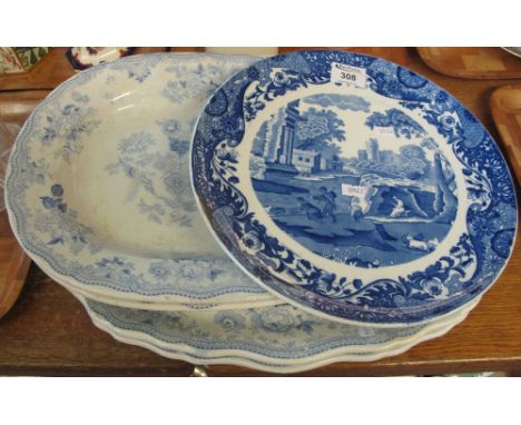Four 19th Century transfer printed blue and white Asiatic Pheasants meat dishes, together with a Copeland Spode 'Italian' blu