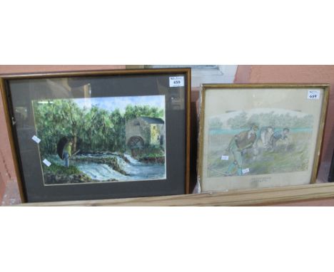 Indistinctly signed study of Cenarth Falls with coraclemen, watercolours, together with a pencil sketch by J. Kelly, 'Harvest