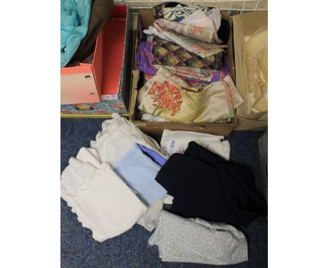 Box of vintage fabrics and tableware including printed and embroidered fabrics.(B.P. 24% incl. VAT)