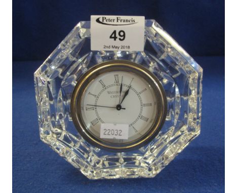 Waterford cut lead crystal glass octagonal mantel clock with printed Roman face, sweep seconds hand, 13cm diameter.(B.P. 24% 