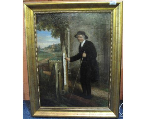 British School, (19th Century), portrait of a blind parson in his churchyard, oils on canvas.  62 x 46cm.  Framed.(B.P. 24% i